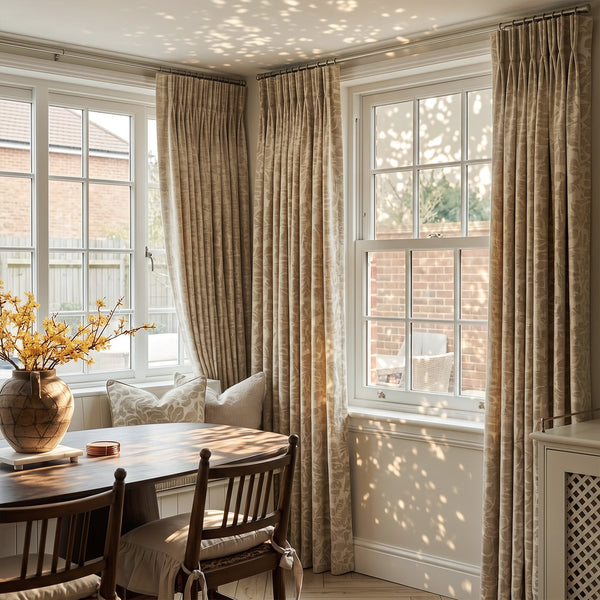 Hugmoom Custom Botanical Jacquard Linen Blend Curtains, Heritage Leaf Motif Drapes, natural light filtering pleated drapes for country home