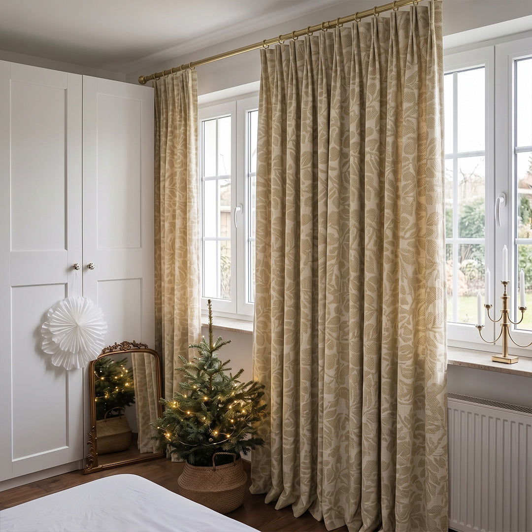 Hugmoom Custom Botanical Leaf Jacquard Curtains, Linen Blend Heritage Motif Drapes, tailored pleated curtains for modern classic bedroom