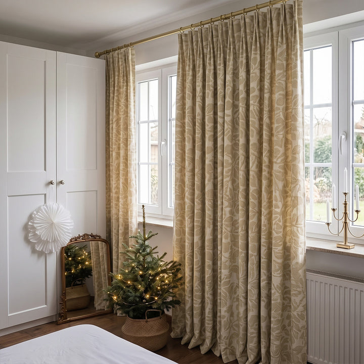 Hugmoom Custom Botanical Leaf Jacquard Curtains, Linen Blend Heritage Motif Drapes, tailored pleated curtains for modern classic bedroom