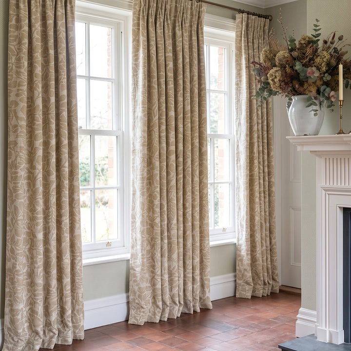 Hugmoom Custom Botanical Leaf Jacquard Drapes, Heritage Motif Linen Blend Curtains, premium pleated curtains for heritage country house