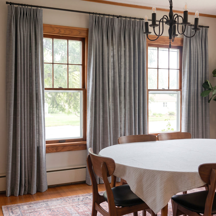 Hugmoom Custom Checkered Linen Curtains, Woven Grid Chenille Textured Pinch Pleat Drapes, Grey Plaid Window Curtain for Farmhouse Dining Room