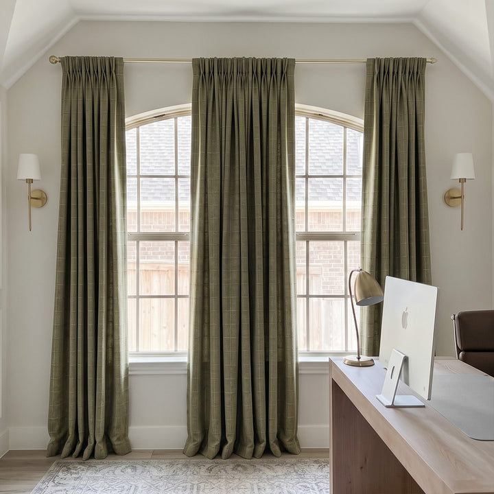 Hugmoom Custom Checkered Linen Curtains, Woven Grid Chenille Textured Pinch Pleat Drapes, Sage Green Grid Window Treatments for Home Office