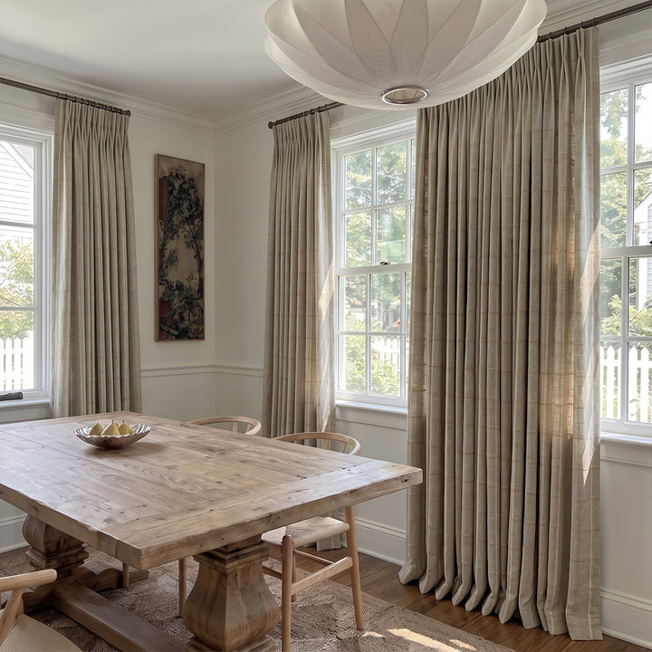 Hugmoom Custom Checkered Linen Curtains, Woven Grid Chenille Textured Pinch Pleat Drapes, Warm Beige Grid Window Treatments for Luxury Living Room