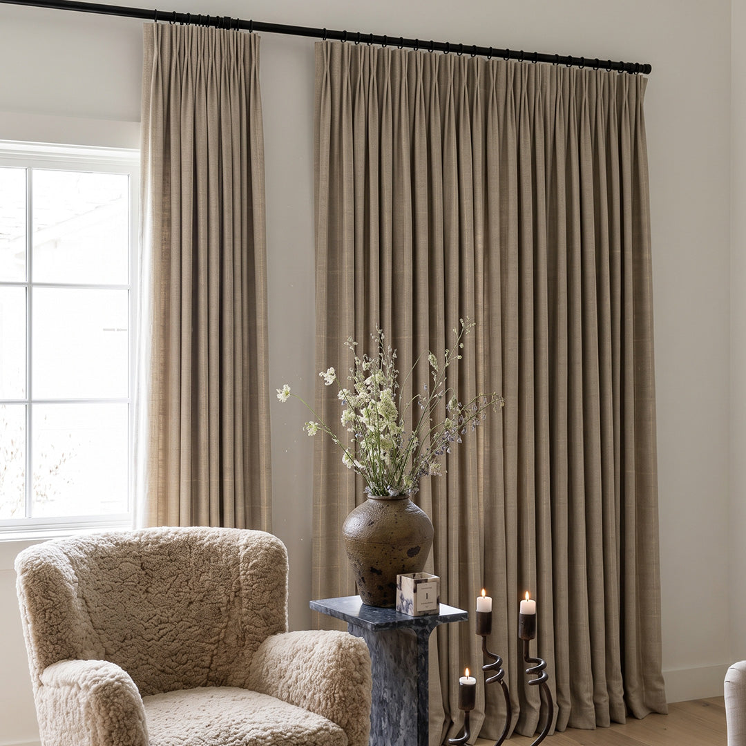 Hugmoom Custom Checkered Linen Curtains, Woven Grid Chenille Textured Pinch Pleat Drapes, Warm Beige Grid Window Treatments for Luxury Living Room
