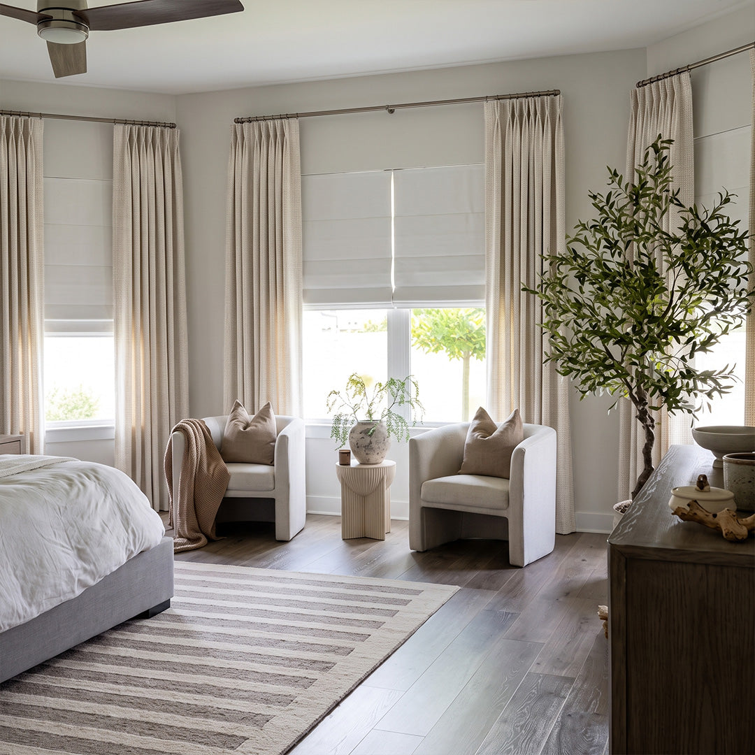 Hugmoom Custom Cotton Linen Blend Curtains – Woven Grid Texture Cat Resistant Drapes for Spacious Light-Filled Neutral Primary Bedrooms (North America, Europe)