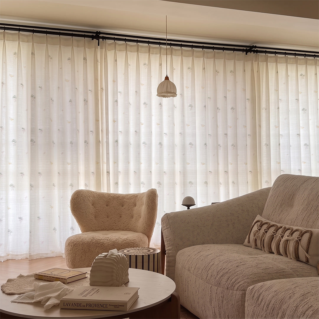 Hugmoom Custom Embroidered Floral Sheer Curtains – Light Filtering Linen Drapes for Warm Neutral Cottagecore Farmhouse Living Rooms (USA, UK, EU)