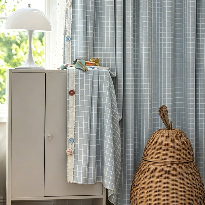 Hugmoom Custom Kids Blackout Curtains, Blue Grid Pattern, Fabric Detail with Pom Pom Trim for Playroom