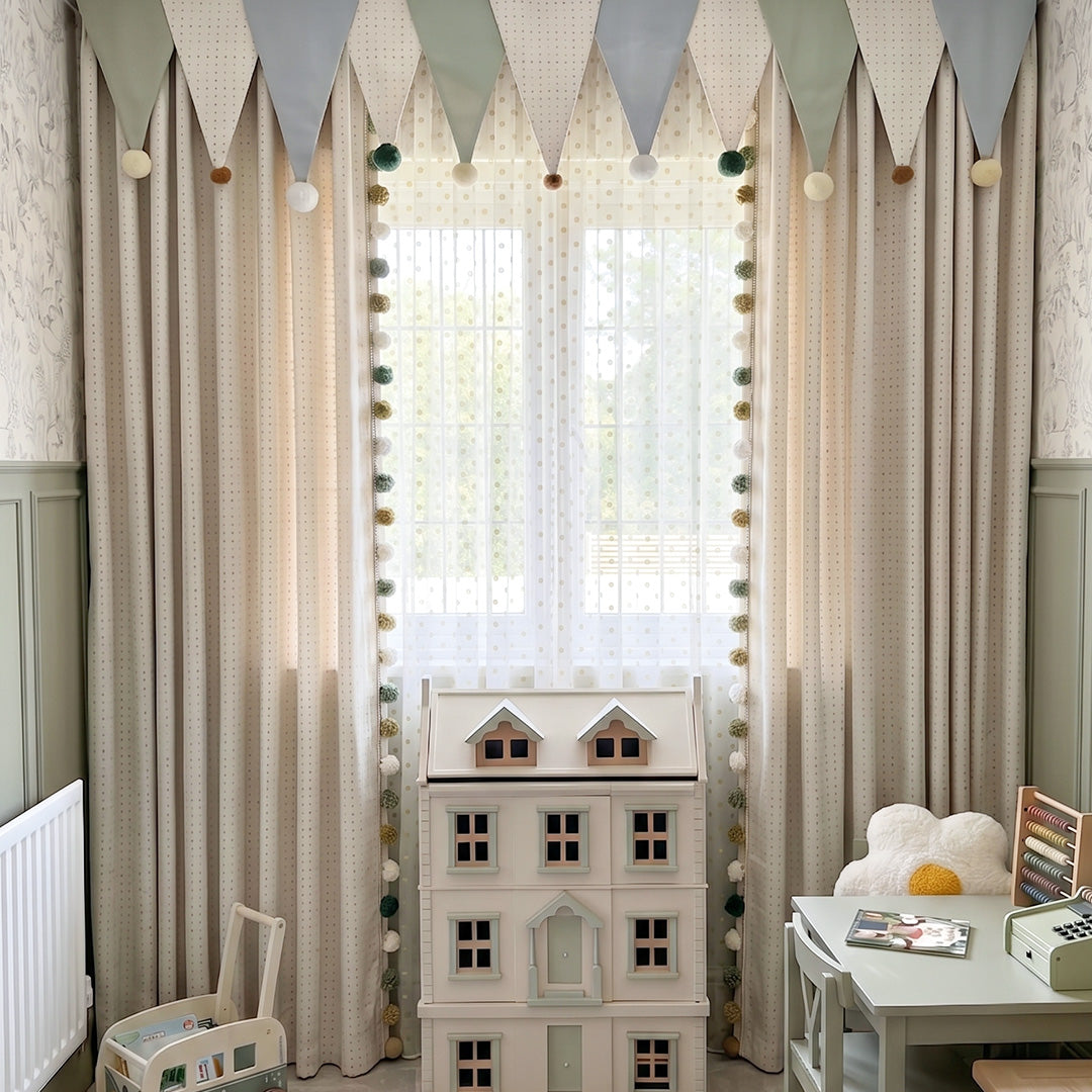 Hugmoom Custom Kids Blackout Curtains With Pom Pom Valance, Beige Polka Dot Design, Closed View in Whimsical Children’s Room