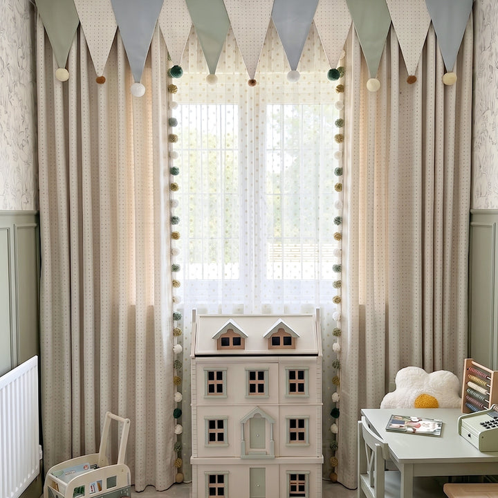 Hugmoom Custom Kids Blackout Curtains With Pom Pom Valance, Beige Polka Dot Design, Closed View in Whimsical Children’s Room