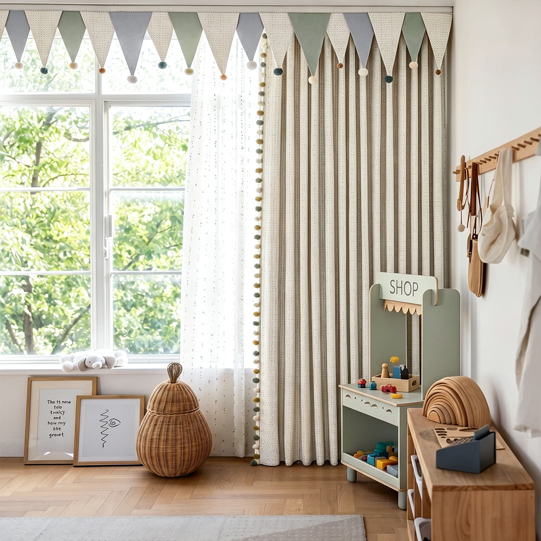 Hugmoom Custom Kids Blackout Curtains With Valance, Neutral Beige Design, Full View in Bright Modern Playroom