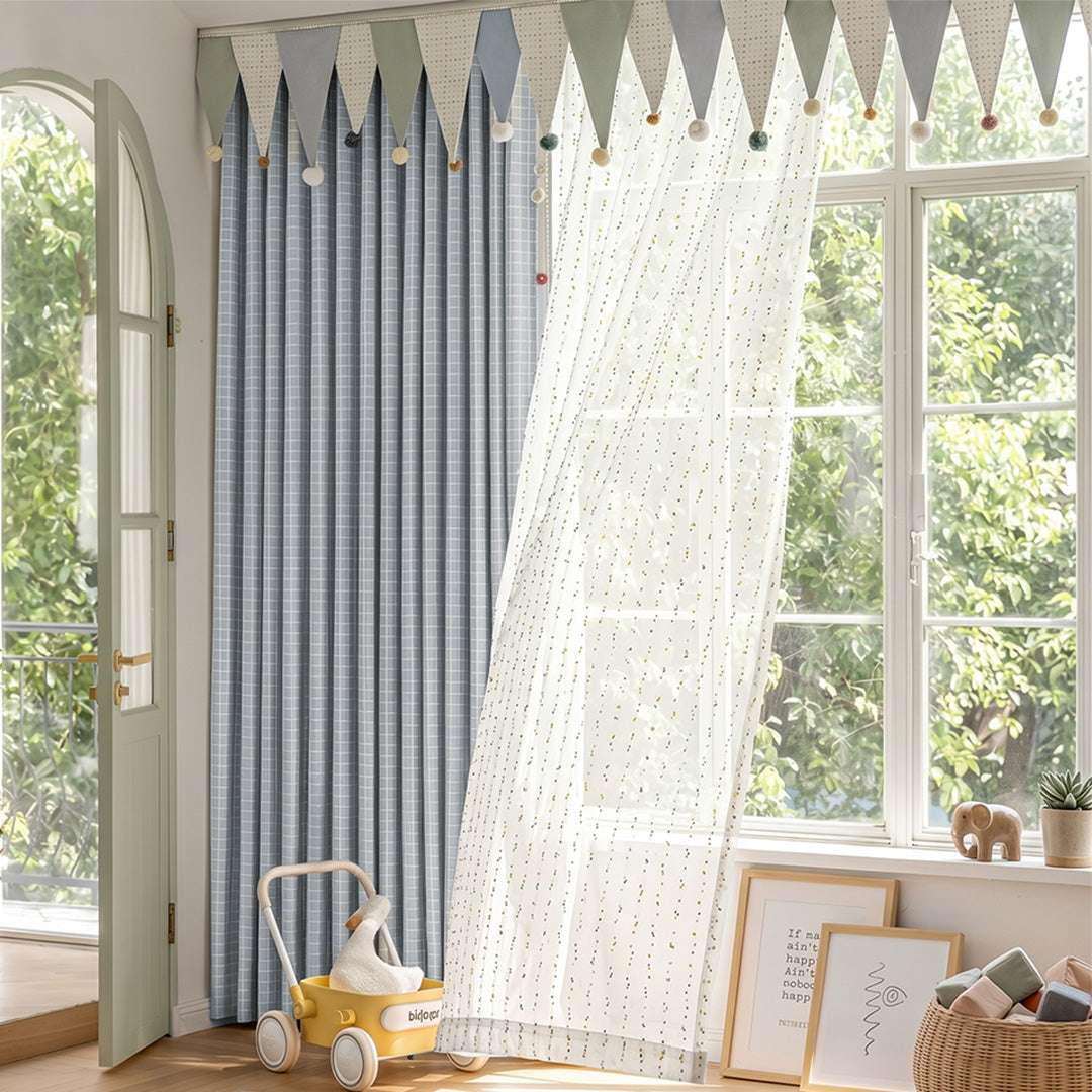 Hugmoom Custom Kids Blackout Curtains With Valance, Grey Grid &amp; Dot Sheer Combo, Open View in Bright Playful Nursery
