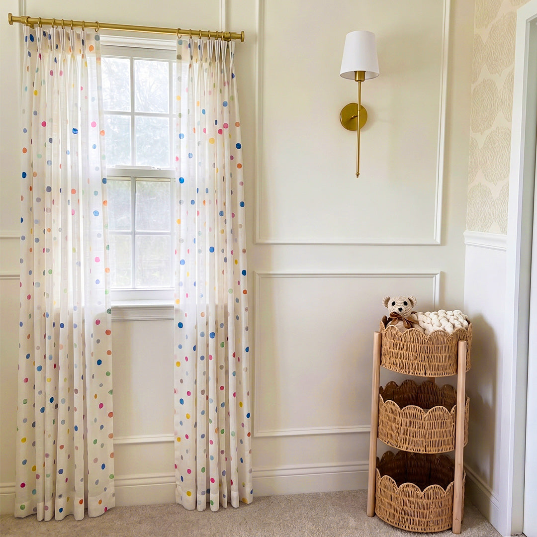 Hugmoom Custom Kids Patterned Curtains, Multicolor Polka Dot Sheers, Pinch Pleat Design in Modern Nursery