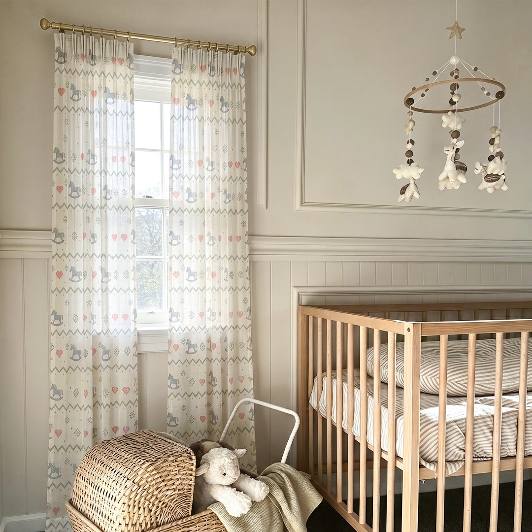 Hugmoom Custom Kids Patterned Curtains, Rocking Horse &amp; Heart Print, Light Filtering Sheers in Neutral Nursery
