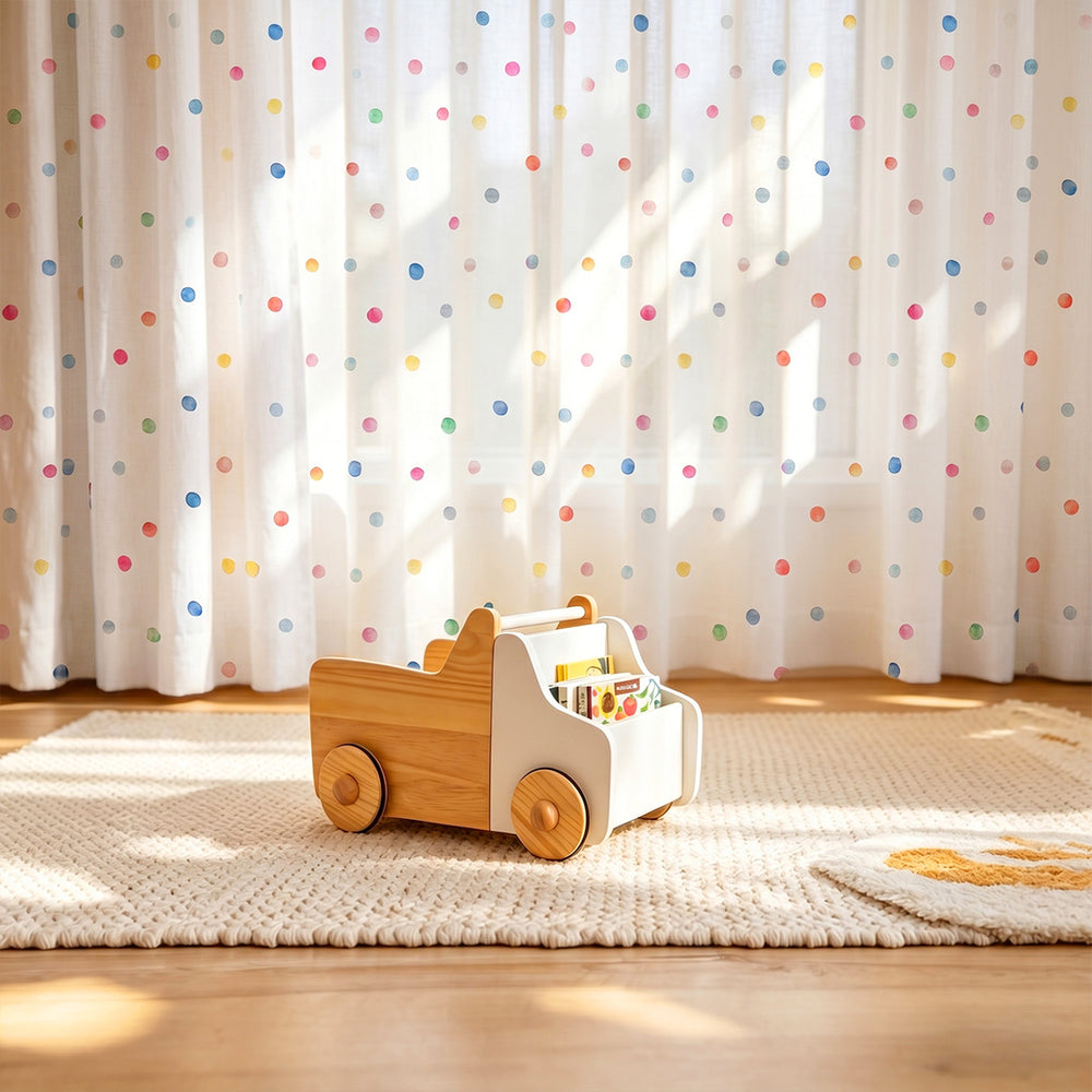 Hugmoom Custom Kids Patterned Sheer Curtains, Colorful Polka Dot Print, Light Filtering in Cozy Playroom