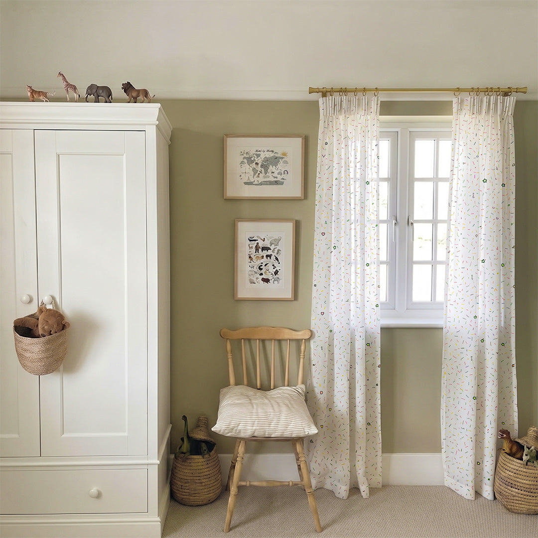 Hugmoom Custom Kids Patterned Sheer Curtains, Sprinkle Print, Light Filtering in Soft Green Children’s Room