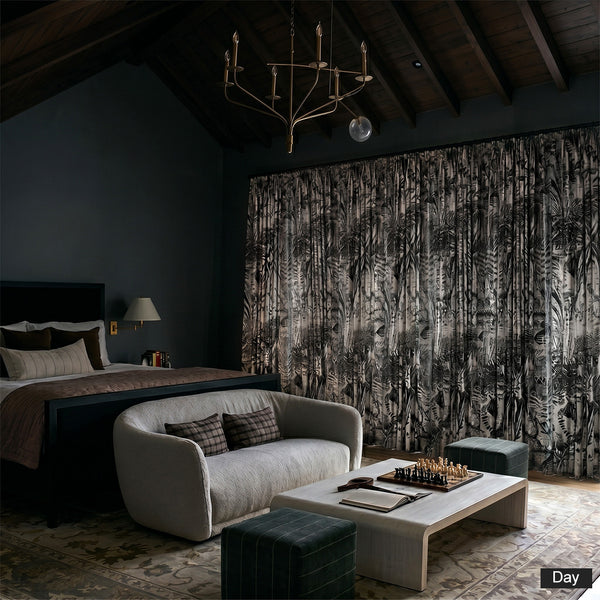 Hugmoom Custom Pleated Printed Curtains, Closed in Daytime, Black & White Tropical Print, Plush Texture Luxury Drapes for Bedroom