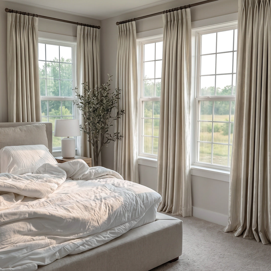 Hugmoom Custom Textured Curtains Subtle Shimmer Vertical Pattern Pinch Pleat Drapes Bright Master Bedroom Quiet Luxury Home USA New England