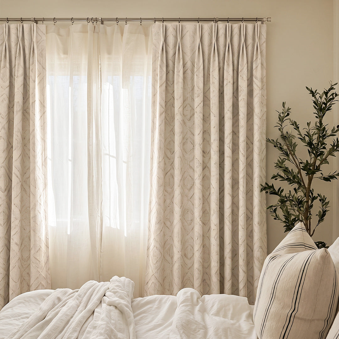 Hugmoom Custom Textured Linen Curtains – Geometric Woven Wrinkle Resistant Double Pinch Pleat Drapes for Bright Minimal Neutral Guest Bedrooms (USA, Canada, EU)