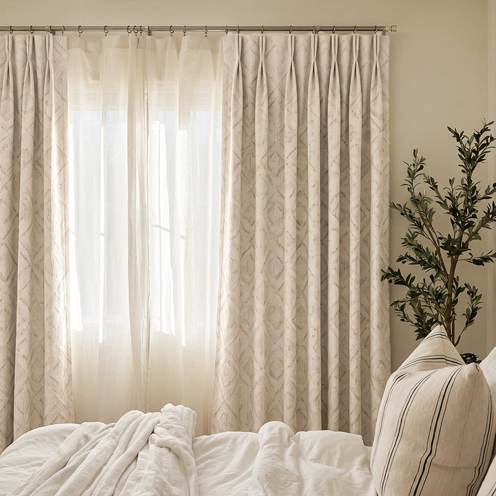 Hugmoom Custom Textured Linen Curtains – Geometric Woven Wrinkle Resistant Double Pinch Pleat Drapes for Bright Minimal Neutral Guest Bedrooms (USA, Canada, EU)
