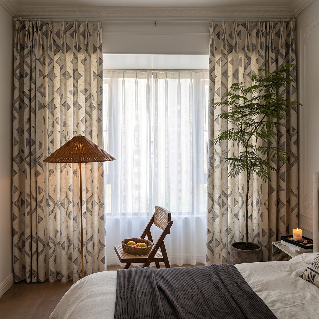 Hugmoom Custom Textured Linen Curtains – Geometric Woven Wrinkle Resistant Double Layer Drapes for Warm Neutral Modern Master Bedrooms (USA, UK, EU)