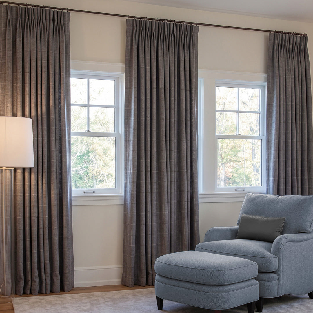 Hugmoom Custom Woven Grid Checkered Linen Curtains, Chenille Textured Pinch Pleat Drapes, Neutral Grey Plaid Window Drapes for Luxury Family Room