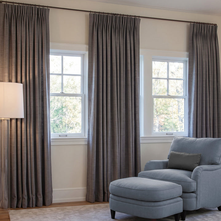 Hugmoom Custom Woven Grid Checkered Linen Curtains, Chenille Textured Pinch Pleat Drapes, Neutral Grey Plaid Window Drapes for Luxury Family Room