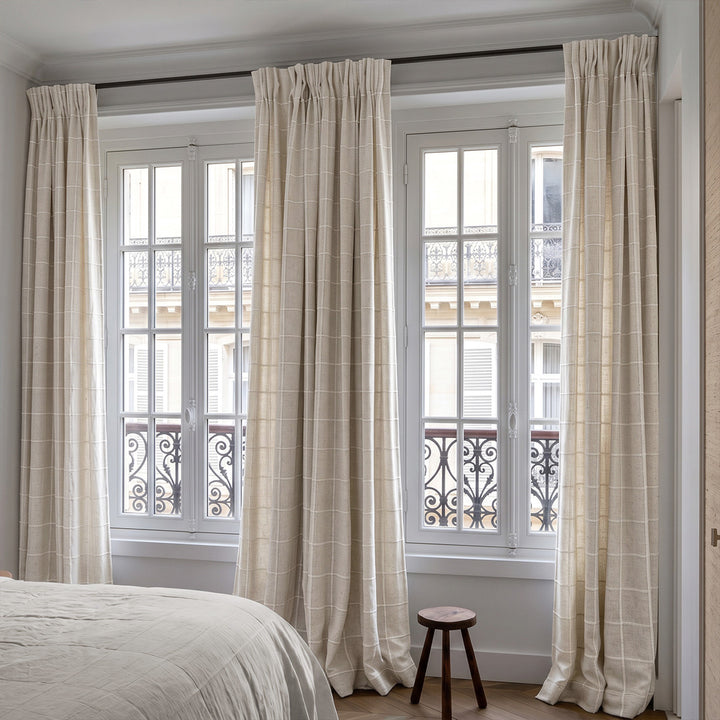 Hugmoom Custom Woven Grid Checkered Linen Curtains, Chenille Textured Pinch Pleat Drapes, Cream Plaid Window Drapes for French Style Luxury Bedroom