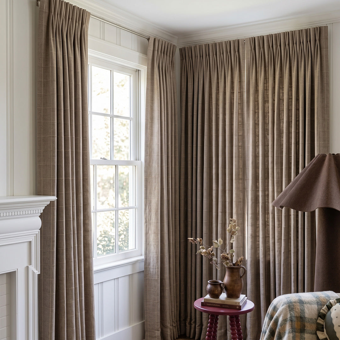 Hugmoom Custom Woven Grid Linen Checkered Curtains, Chenille Textured Pinch Pleat Drapes for High-End Estate Living Room, Neutral Taupe Plaid Window Treatments