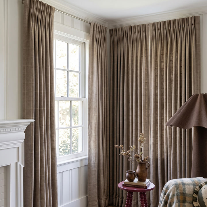 Hugmoom Custom Woven Grid Linen Checkered Curtains, Chenille Textured Pinch Pleat Drapes for High-End Estate Living Room, Neutral Taupe Plaid Window Treatments