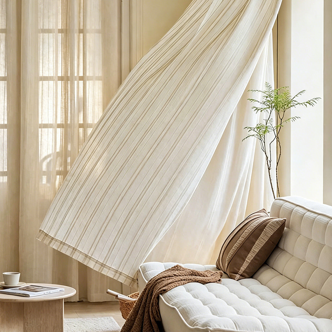 Hugmoom Customizable Linen Sheer Curtains for Living Room, Luxury Vertical Stripe Linen Sheer Drapes, Custom Size Light Filtering Window Treatments, High-End Linen Curtains for Modern American Home Decor