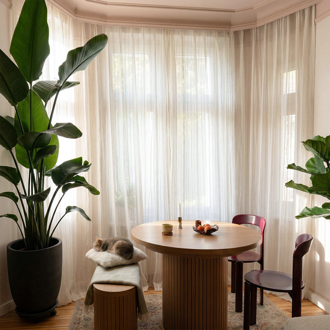 Hugmoom Customizable Off-White Linen Sheer Curtains, Luxury Pinch Pleat Linen Sheer Drapes for Corner Window, Custom Size Light Filtering Curtains for Dining Room, Elegant Window Treatments for American Home