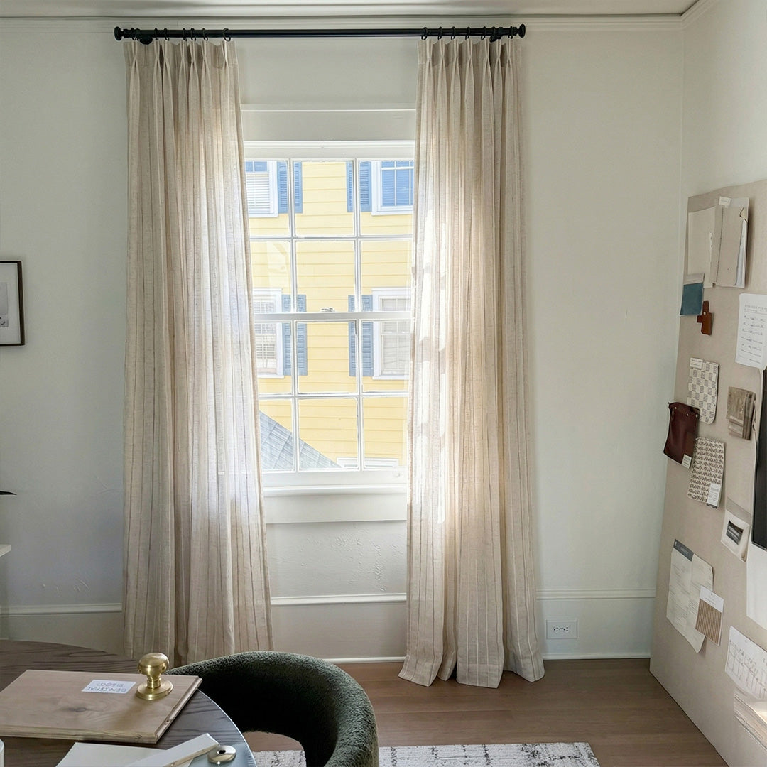 Hugmoom Customizable Vertical Stripe Linen Sheer Curtains, Luxury Linen Sheer Drapes for Home Office, Custom Light Filtering Curtains for American Home, High-End Window Coverings