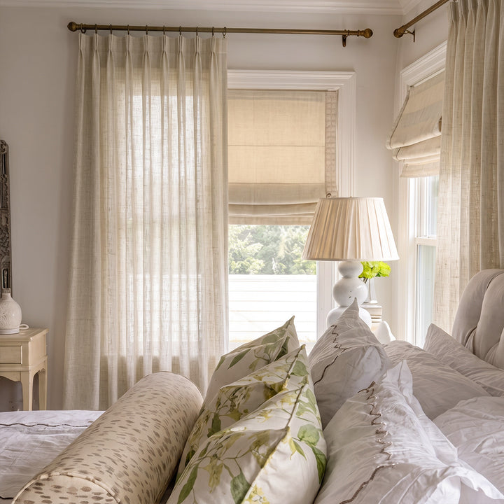 Hugmoom Customized Semi Sheer Linen Curtains Natural Beige Pinch Pleat Drapes Traditional Farmhouse Bedroom USA UK EU