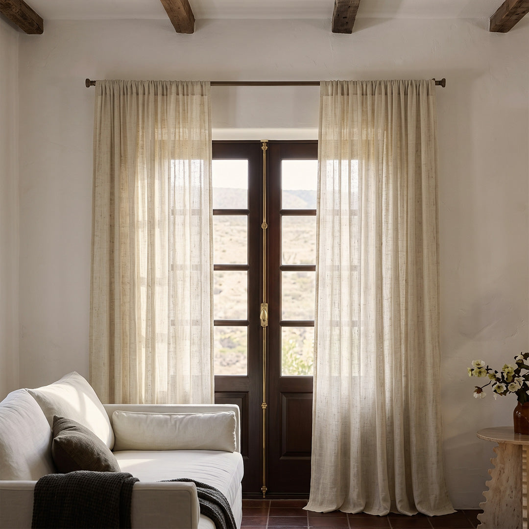 Hugmoom Customized Semi Sheer Linen Curtains Neutral Beige Sheer Drapes Modern Mediterranean Living Room USA UK EU