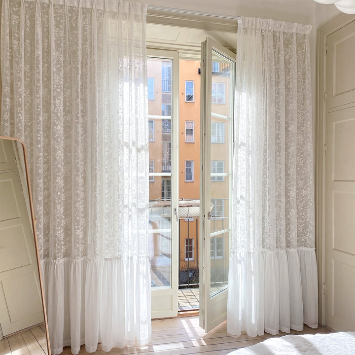 Hugmoom Double Layer Floral Curtains with Ruffled Hem – Jacquard Sheer Cottage Drapes for European Apartment Balcony Doors (USA, UK, EU)