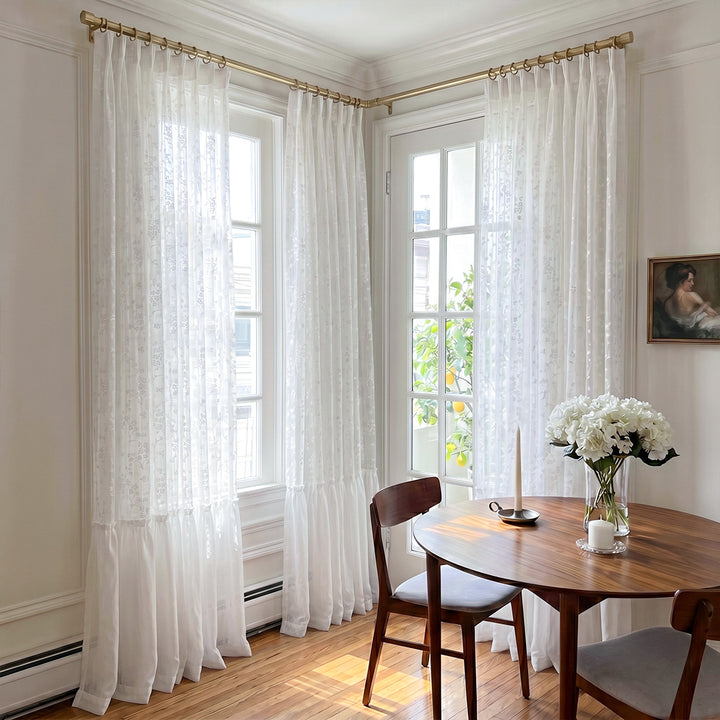 Hugmoom Double Layer Floral Curtains with Ruffled Hem – Jacquard Sheer Cottage Drapes for Traditional Luxury Cottage Dining Rooms (USA, UK, EU)