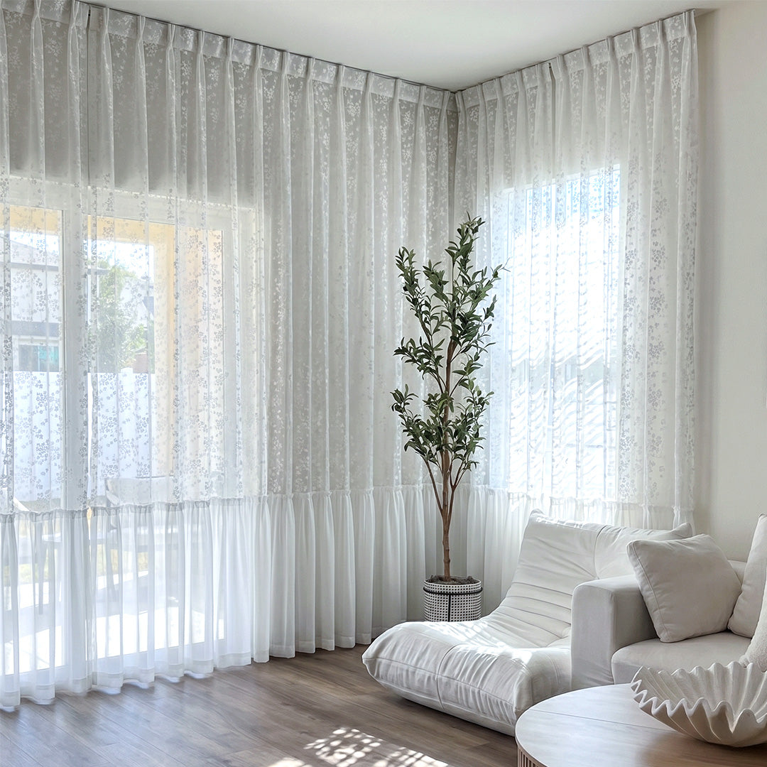Hugmoom Double Layer Floral Curtains with Ruffled Hem – Jacquard Sheer Cottage Drapes for Bright Casual Farmhouse Living Rooms (North America, Europe)