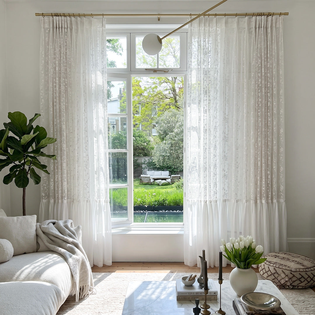 Hugmoom Double Layer Floral Curtains with Ruffled Hem – Jacquard Sheer Cottage Drapes for British Countryside Living Room Patio Windows (USA, UK, EU)