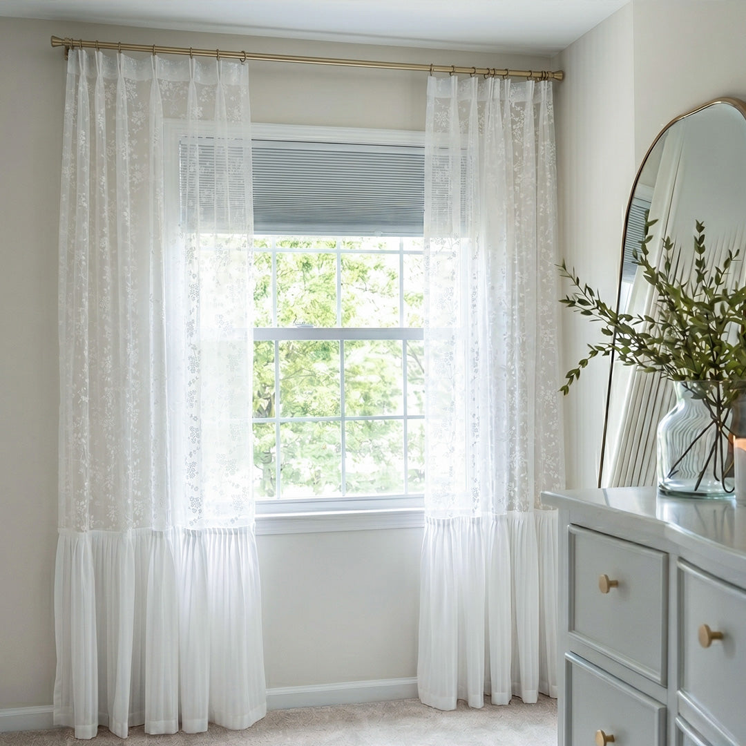 Hugmoom Double Layer Floral Curtains with Ruffled Hem – Jacquard Sheer Cottage Drapes for Farmhouse Makeup Vanity Windows (North America, Europe)