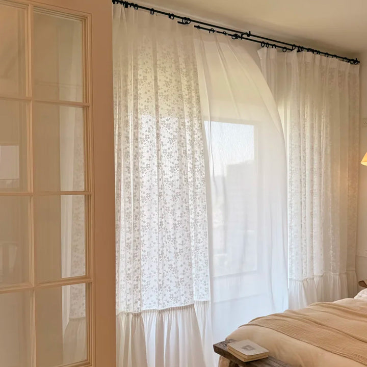 Hugmoom Double Layer Floral Curtains with Ruffled Hem – Jacquard Sheer Cottage Drapes for Soft Warm Cozy Guest Bedrooms (North America, Europe)
