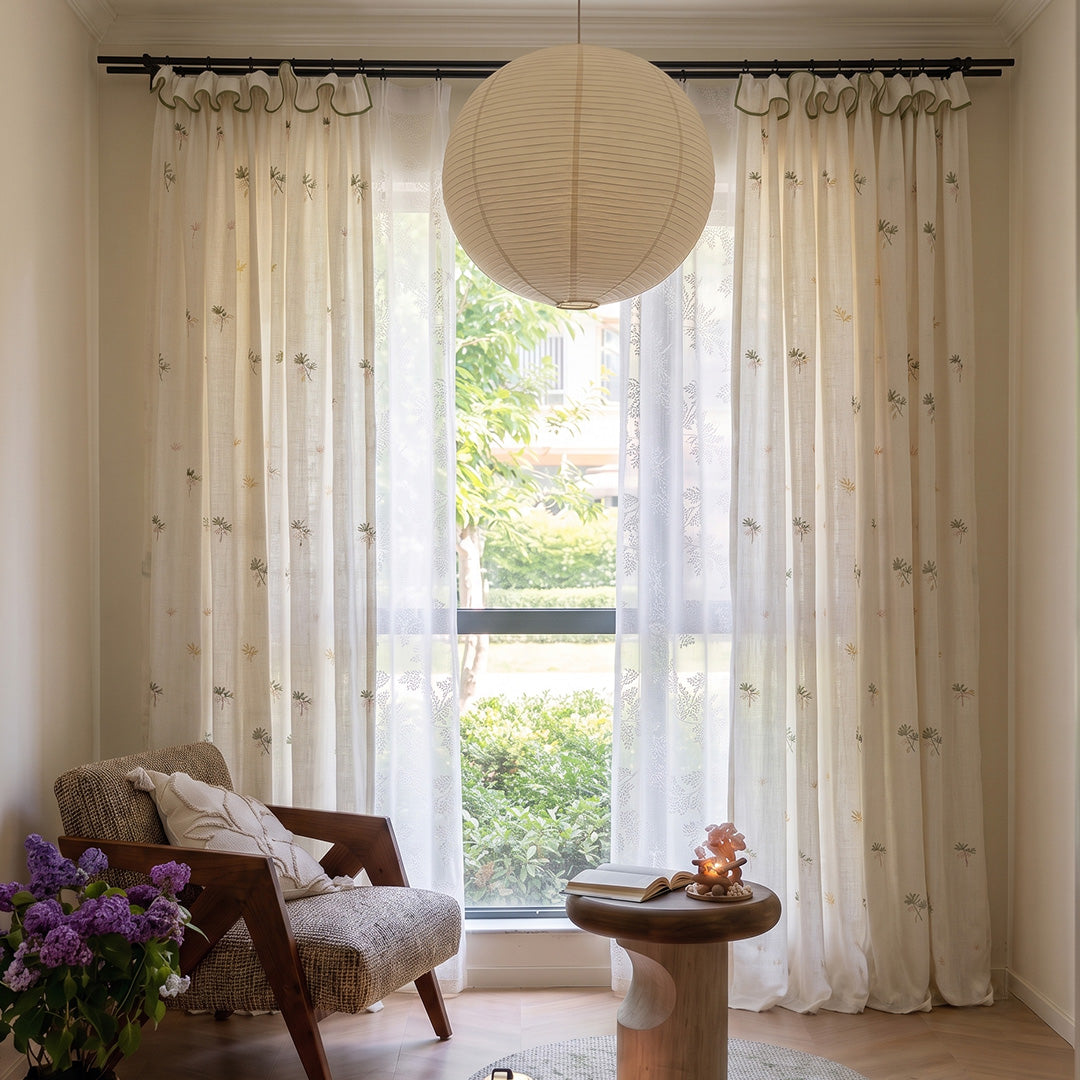 Hugmoom Embroidered Sheer Curtains Floral Custom – Ruffle Top Floral Sheer Curtains for Bright Country Cottage Reading Nooks (North America, Europe)