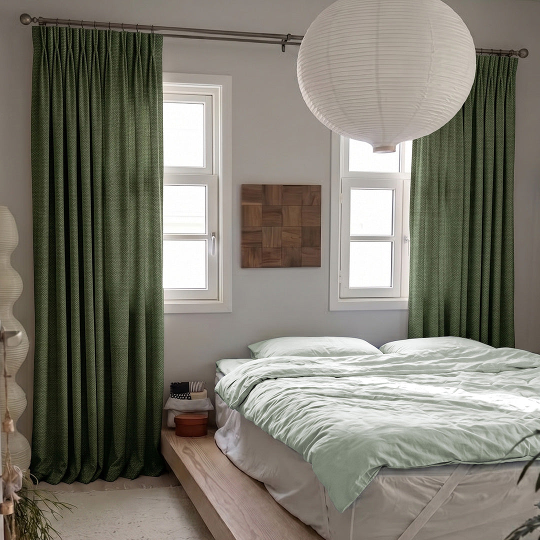Hugmoom Faux Linen Viscose Custom Pinch Pleat Curtains Olive Green 60% Light Filtering Luxury Bedroom Window Treatments North America Europe