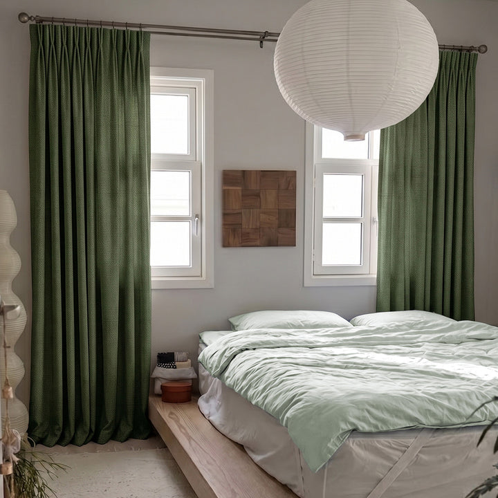 Hugmoom Faux Linen Viscose Custom Pinch Pleat Curtains Olive Green 60% Light Filtering Luxury Bedroom Window Treatments North America Europe