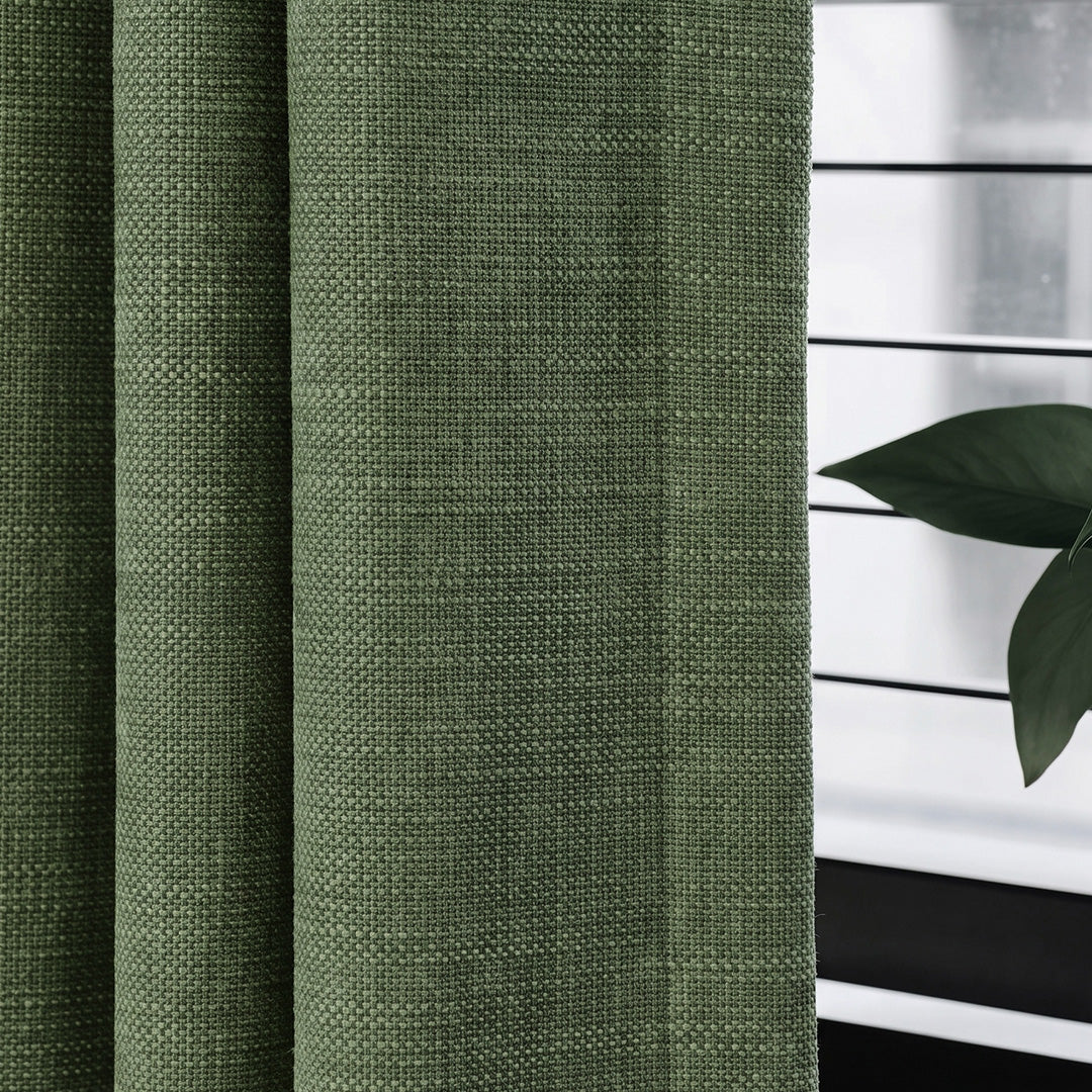 Hugmoom Faux Linen Viscose Custom Pleated Curtains Olive Green Fabric Texture Closeup 60% Light Filtering Custom Window Drapes USA UK EU
