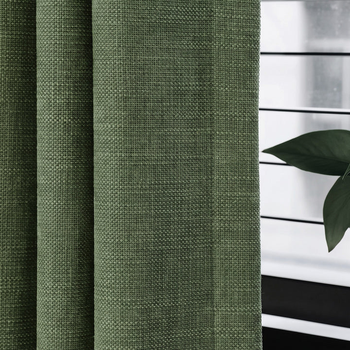 Hugmoom Faux Linen Viscose Custom Pleated Curtains Olive Green Fabric Texture Closeup 60% Light Filtering Custom Window Drapes USA UK EU