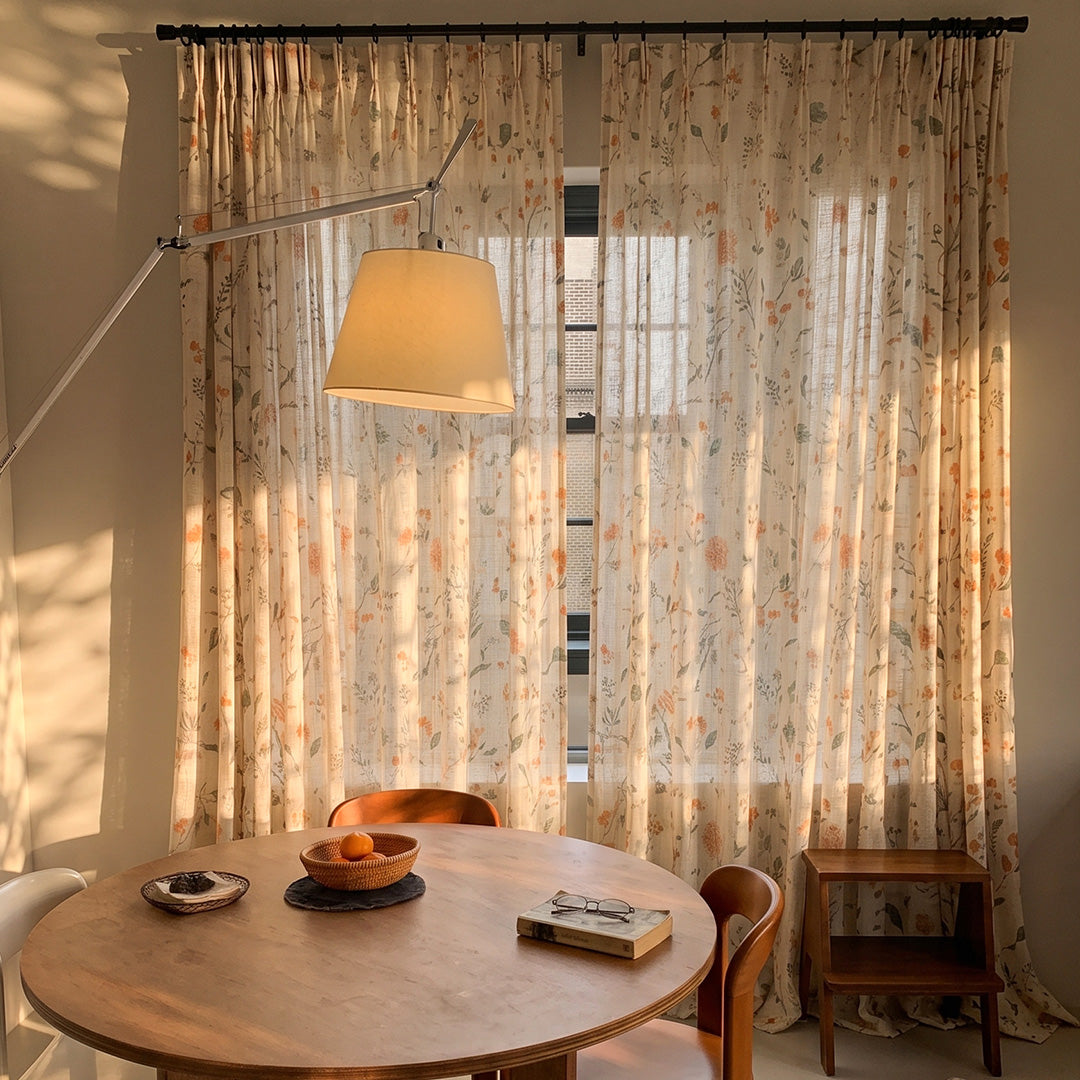 Hugmoom Floral Print Linen Sheer Curtains Cherry Red Green Leaf Light Filtering Semi Sheer Custom Drapes Warm Farmhouse Dining Room USA UK EU
