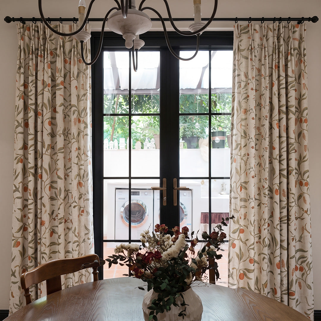 Hugmoom Floral Print Linen Sheer Curtains – Cherry Red Green Leaf Light Filtering Semi Sheer Drapes for Traditional Sunlit Dining Room Patio Doors (North America, Europe)