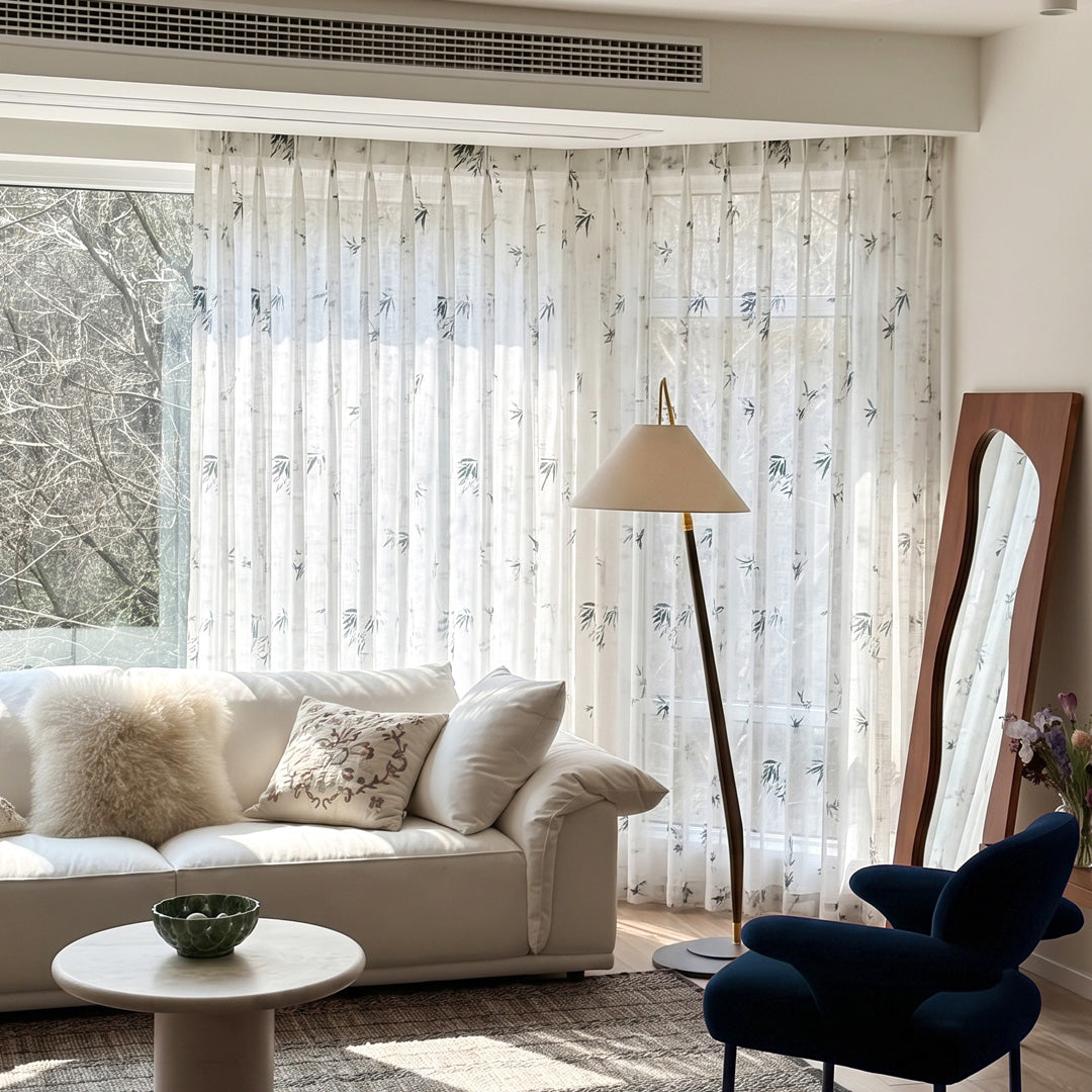 Hugmoom Floral Print Linen Sheer Curtains – Bamboo Leaf Print Light Filtering Sheer Drapes for Warm Neutral Mid-Century Modern Living Spaces (USA, UK, EU)