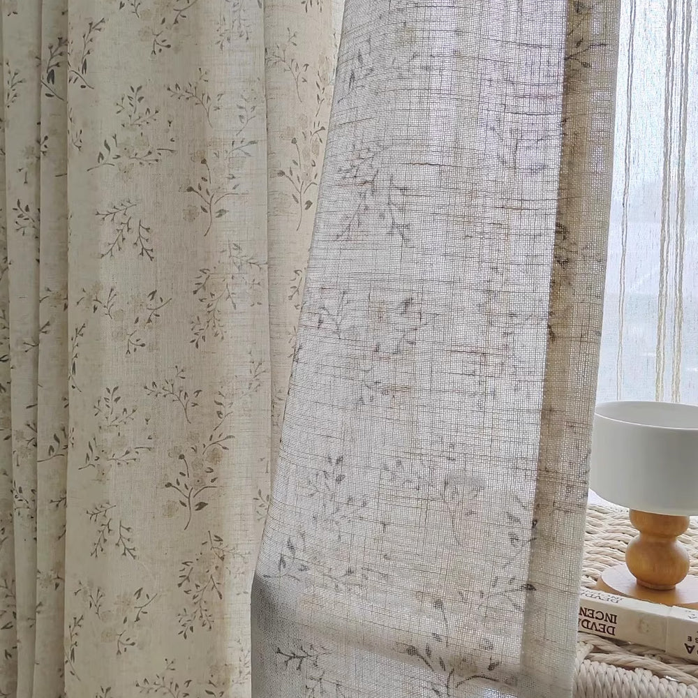Hugmoom Floral Sheer Drapes – Close-up of Premium Linen Look Fabric with Delicate Botanical Pattern (USA, EU)