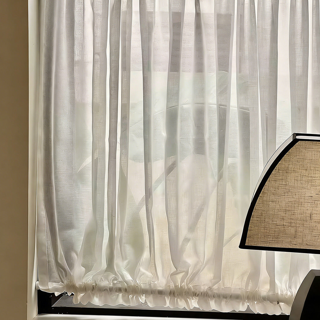 Hugmoom French Cafe Curtains – Close-up of Premium Sheer Linen Look Fabric with Ruffle Trim (US, UK, EU)